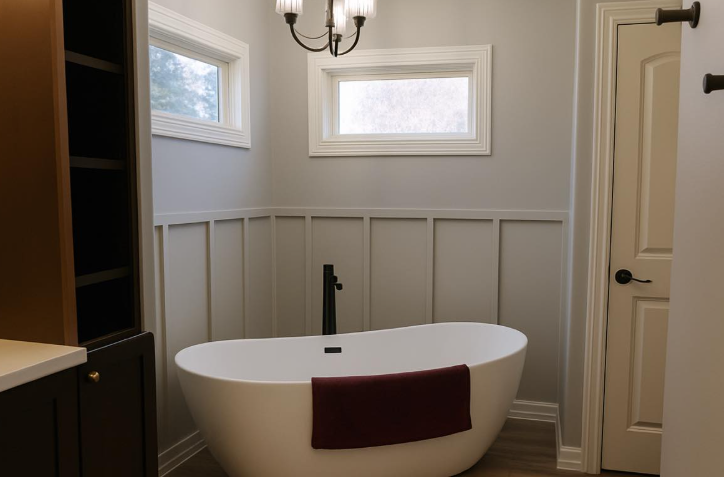 Modern bathroom with a white freestanding tub, wainscoting, and gray walls.