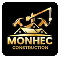 Gold logo for Monhec Construction: rooftops, crane, hammers, and text on a black background.