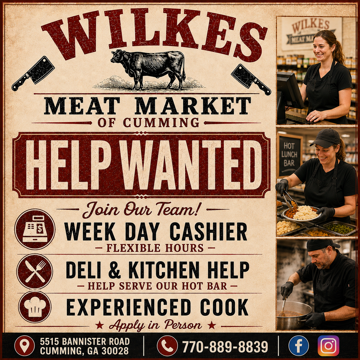 Wilkes Meat Market hiring ad for week-day cashier, deli and kitchen help, and experienced cook.