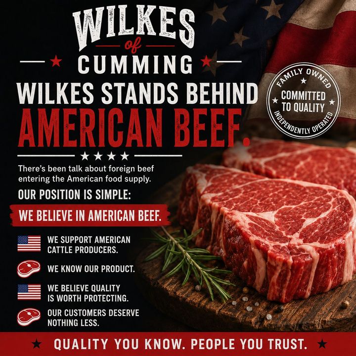 Wilkes Cumming beef ad with marbled steak, American flag colors, and “We believe in American beef” text
