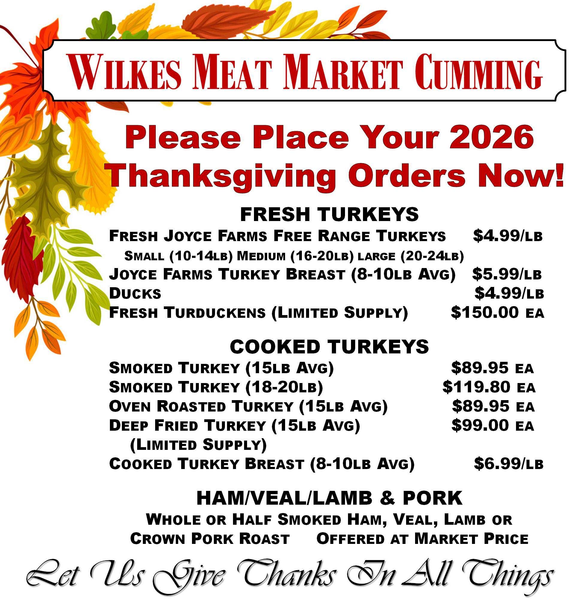2026 Thanksgiving Price List