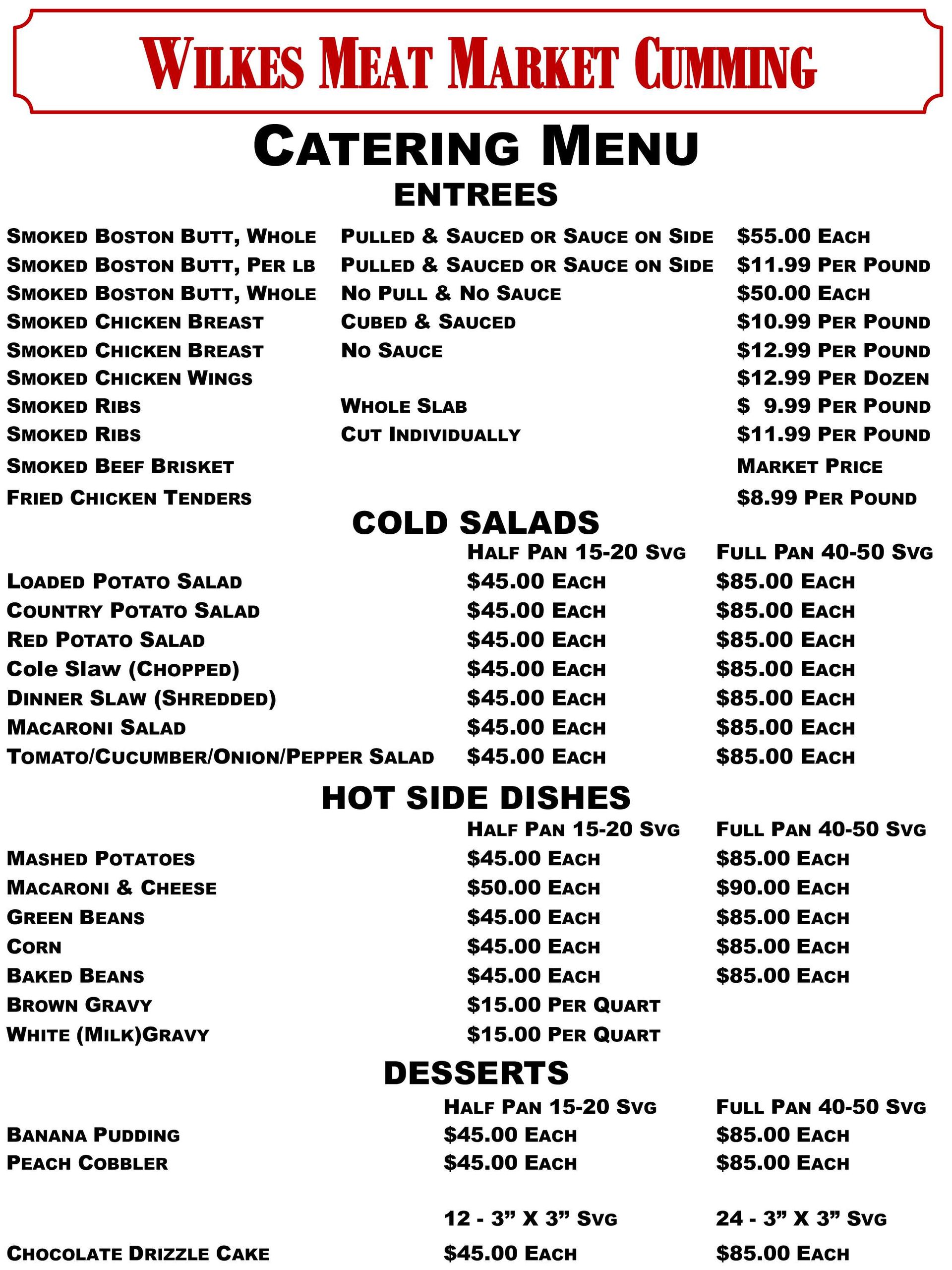 A catering menu for Wilkes Meat Market & Deli