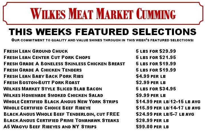 Wilkes Meat Market flyer featuring weekly meat specials: ground chuck, pork chops, chicken, bacon, steak, and more.