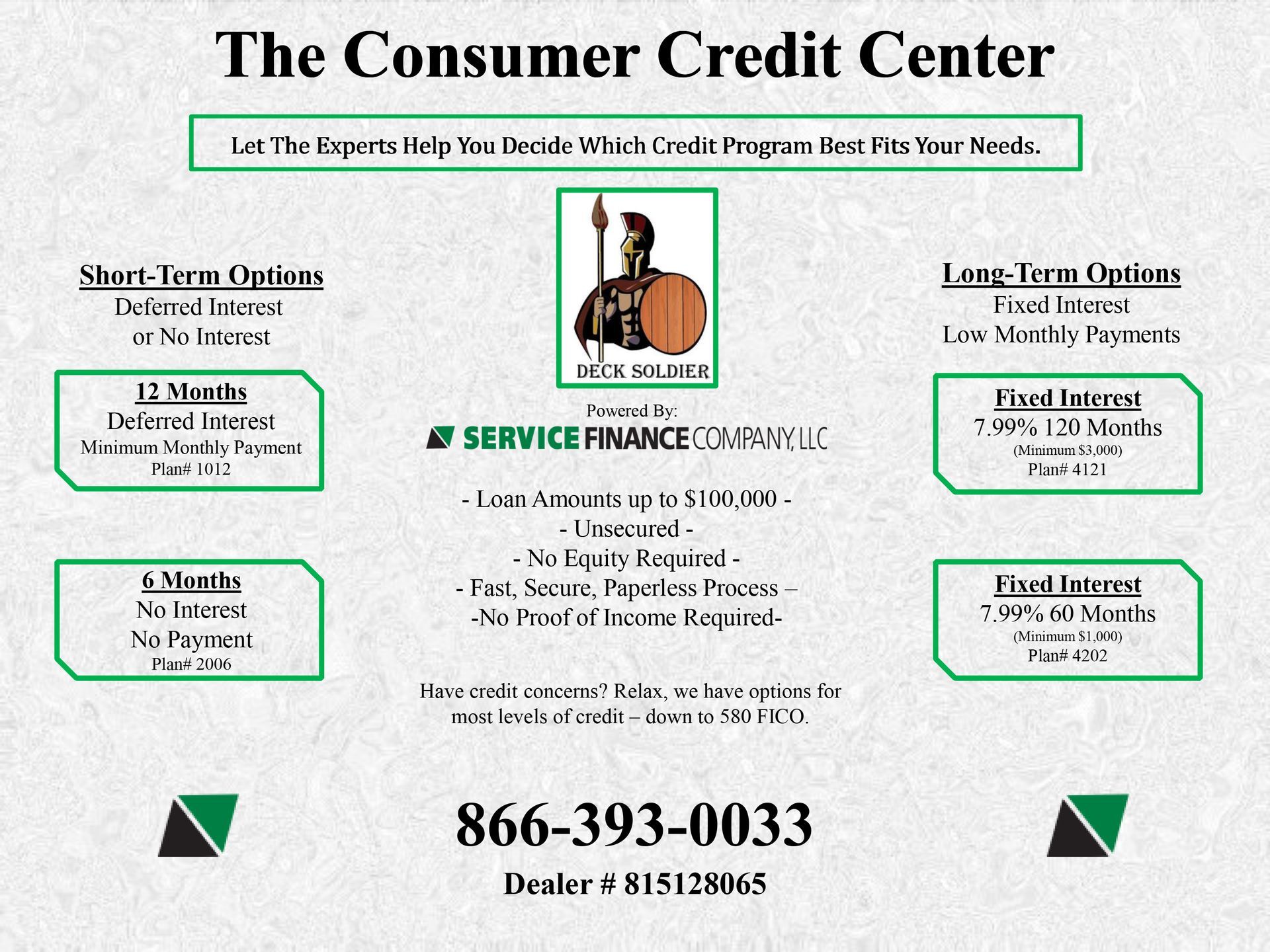 Advertisement for The Consumer Credit Center, offering short and long-term loan options. Contact details included.