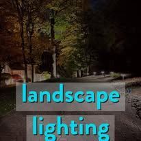Landscape lighting text over an illuminated road at night.