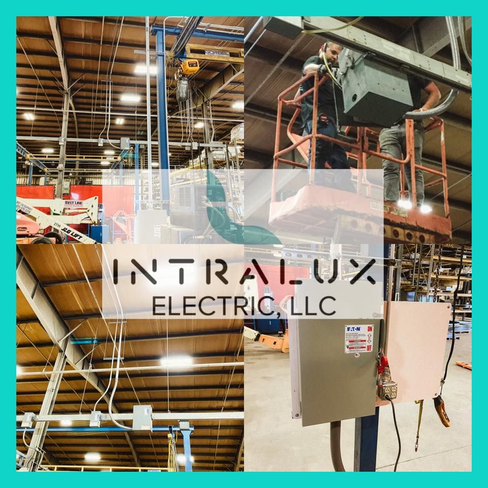 Intralux Electric, LLC logo over industrial setting scenes; electricians on lift, wiring installation.