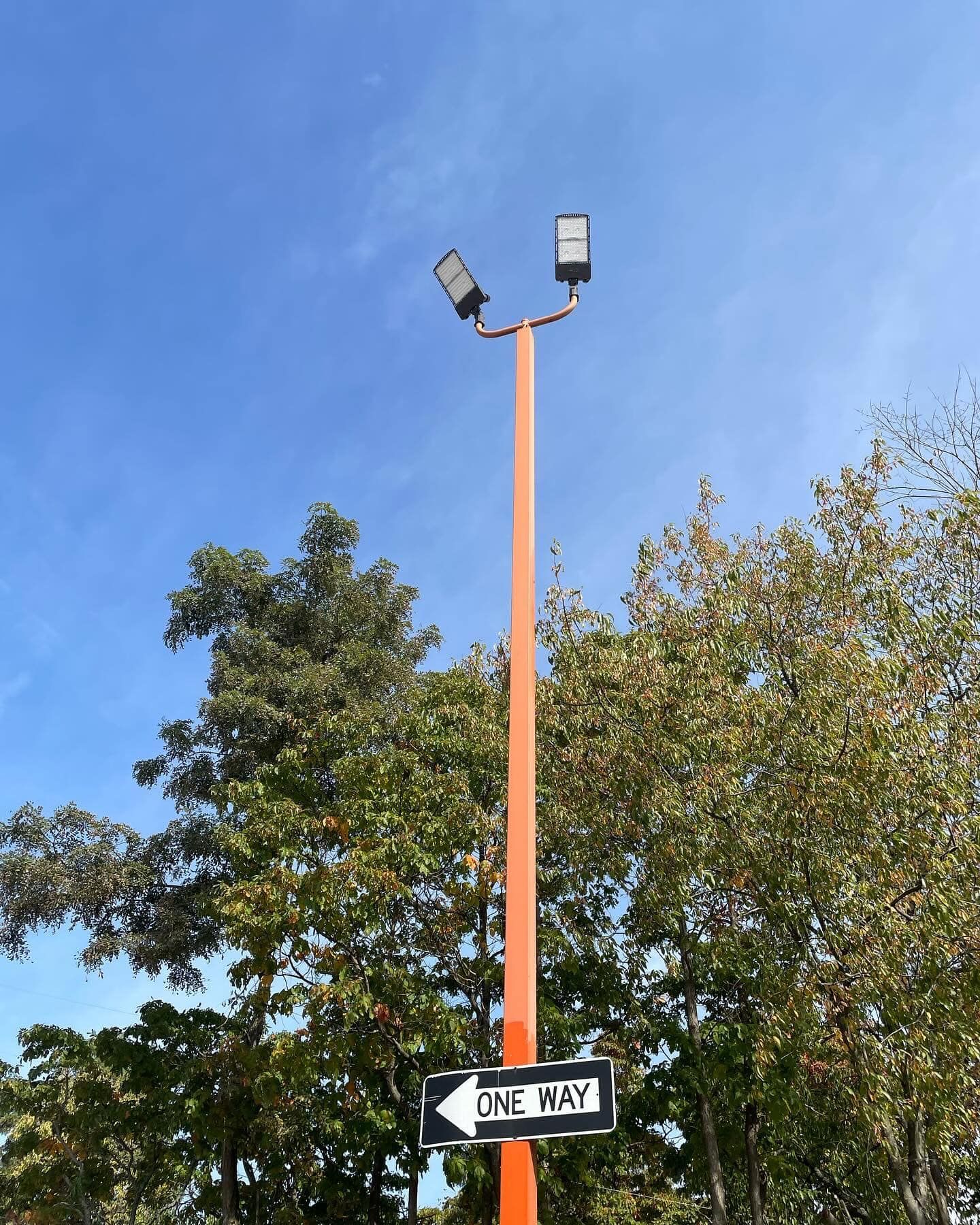 Orange light post with two lamps against blue sky, trees, and one-way sign.