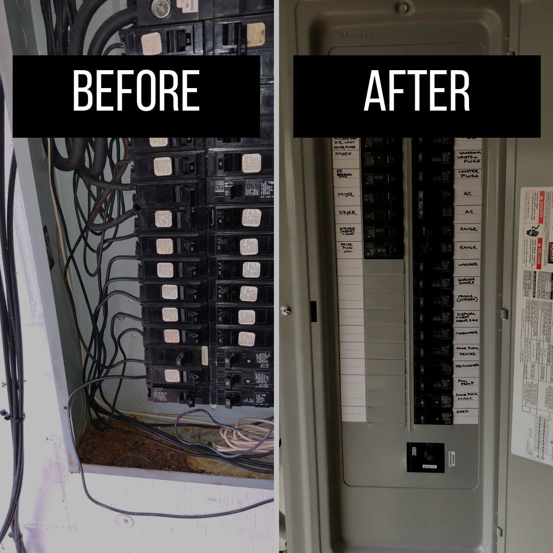 Before and after photo of an electrical panel. 
