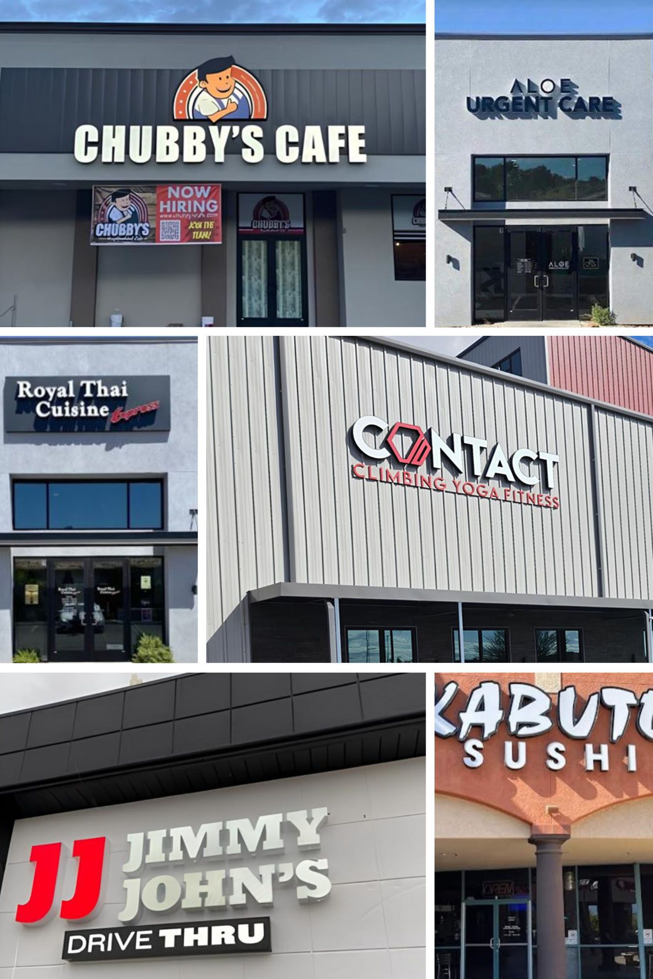 A collage of different types of restaurants including Chubby's Cafe and Jimmy John's drive-thru