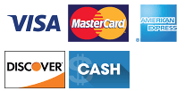 Visa, MasterCard, American Express, Discover, and Cash