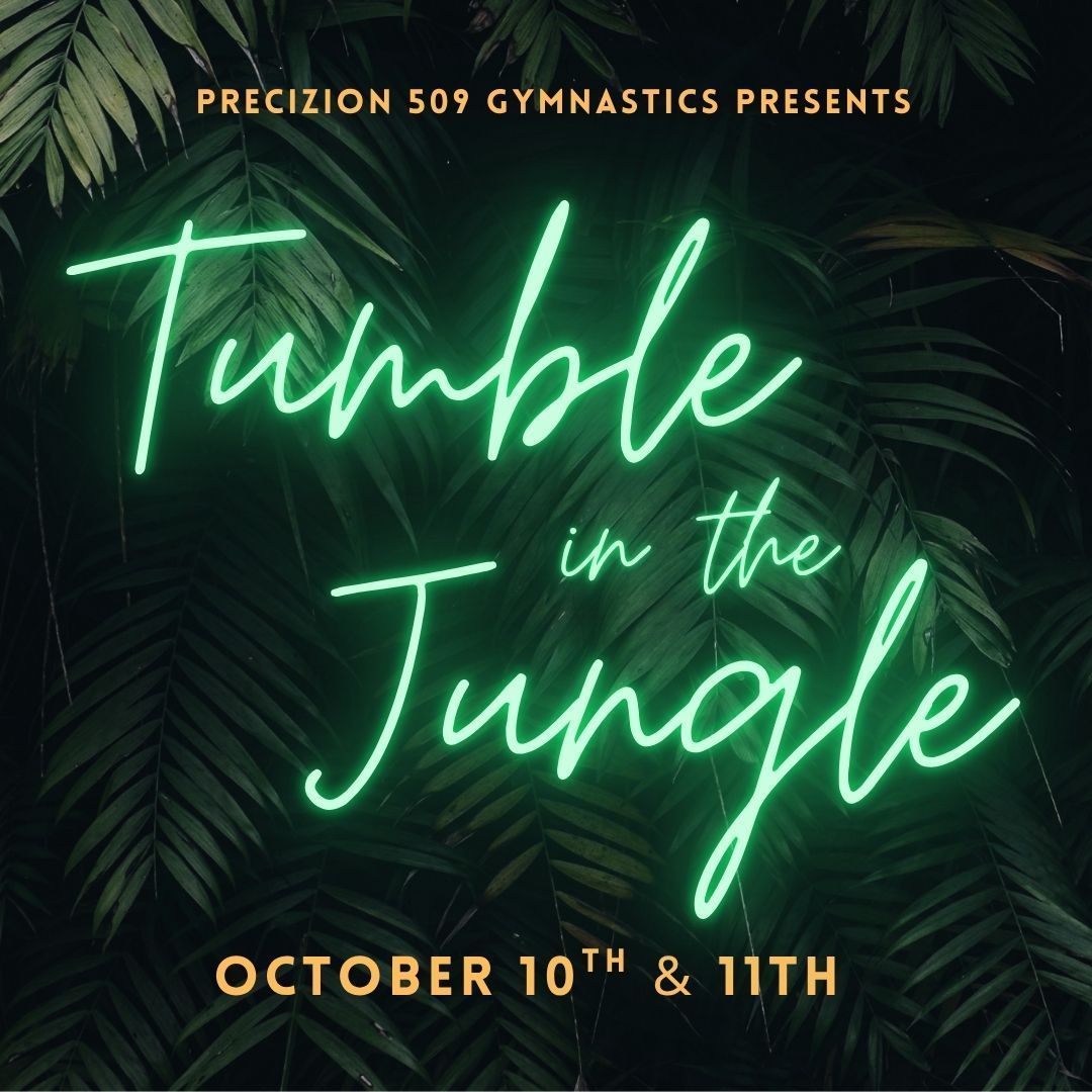 Tumble in the Jungle gymnastics event poster with neon green script and October 10th & 11th dates