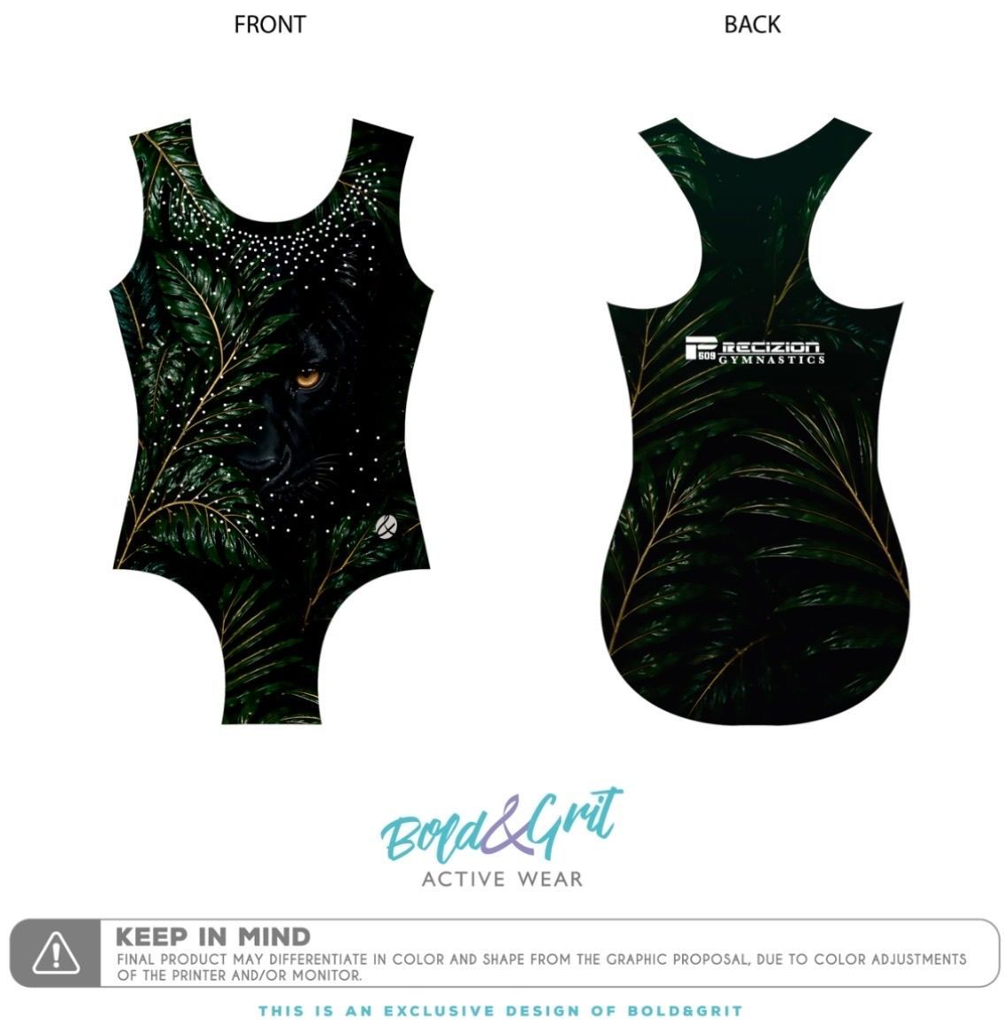 Front and back of a dark green and black sleeveless one-piece athletic suit with leaf pattern.