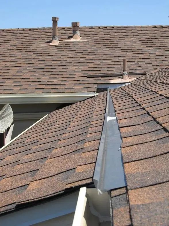 A close up of a roof with gutters and chimneys