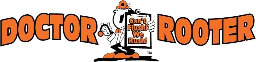 Doctor Rooter logo with orange text and a cartoon plumber in the center