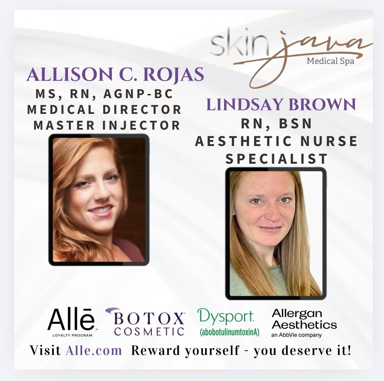 Promotional graphic for Skin Java Medical Spa: faces of Allison Rojas and Lindsay Brown, RNs. Brands: Alle, Botox, Dysport, Allergan Aesthetics.