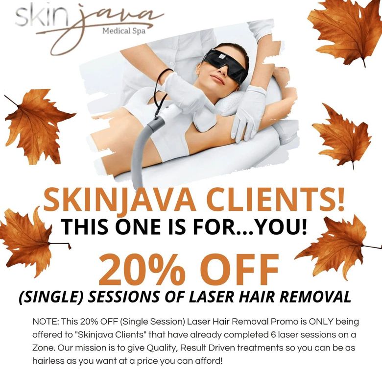 SkinJava Medical Spa ad: 20% off laser hair removal sessions. A client receives a treatment, framed by autumn leaves.