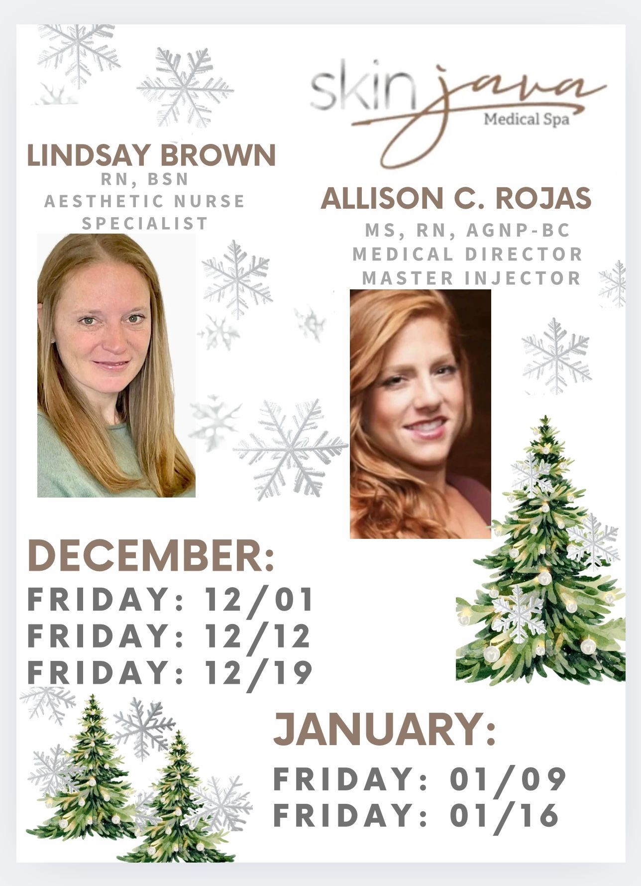 Flyer for SkinJara Medical Spa with nurse specialists. Dates listed: 12/01, 12/12, 12/19, 01/09, 01/16.