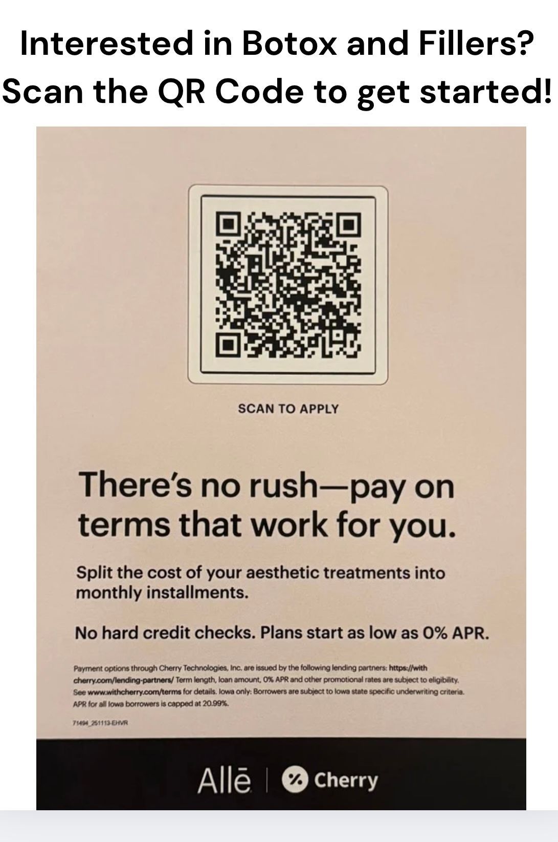 Poster with a QR code for Botox and fillers, advertising payment plans with 0% APR.