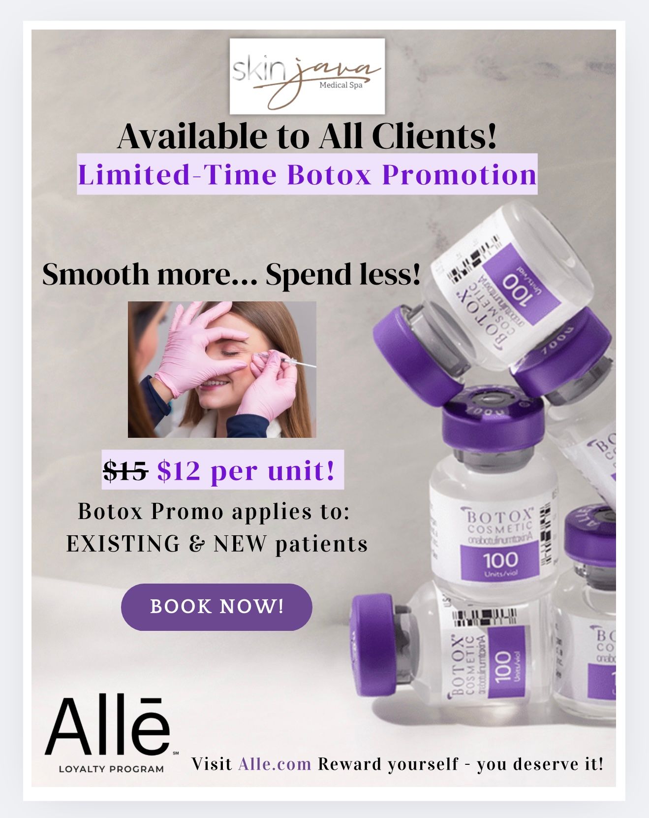 Botox promotion: $12 per unit. Woman receiving injection. Bottles of Botox on the right. 