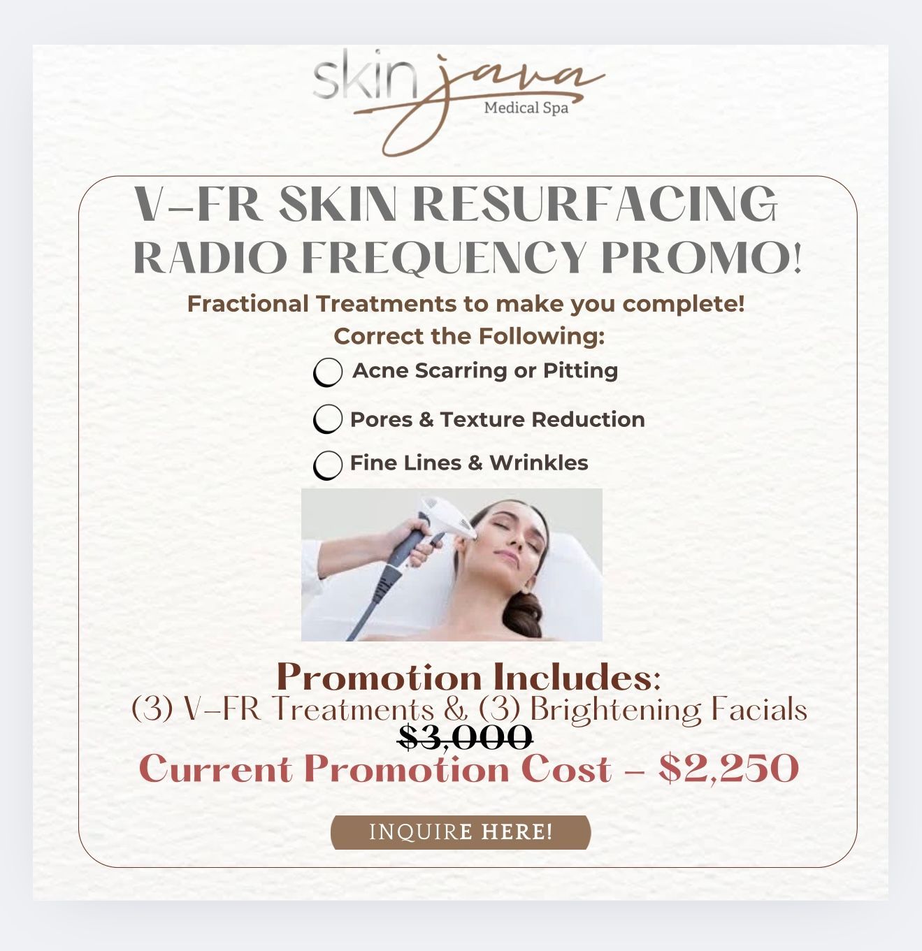 Advertisement for skin resurfacing treatment, featuring a woman receiving facial treatment. Promo includes treatments and facials.
