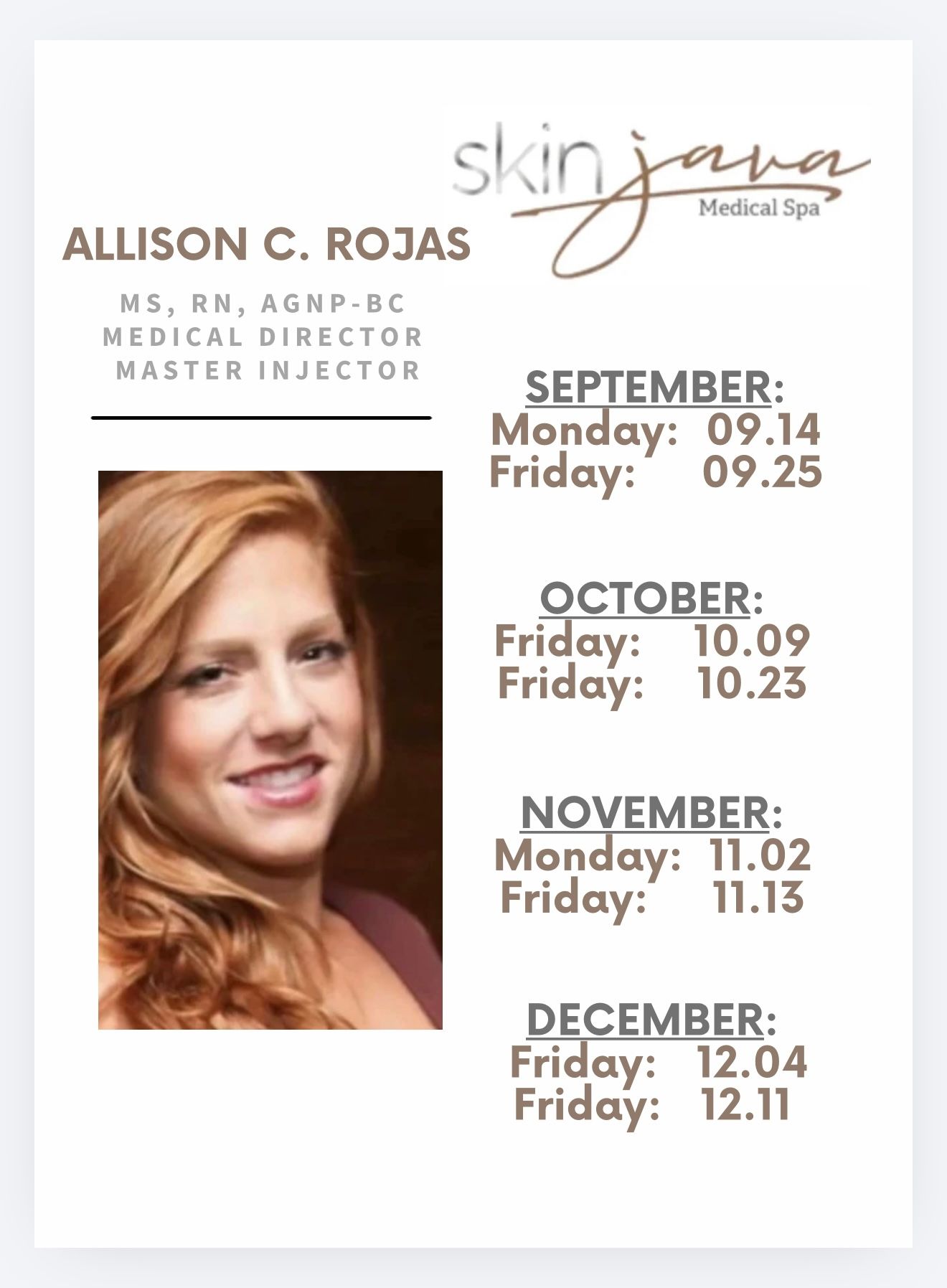 Promotional graphic for Skin Java Medical Spa: faces of Allison Rojas. Brands: Alle, Botox, Dysport, Allergan Aesthetics.