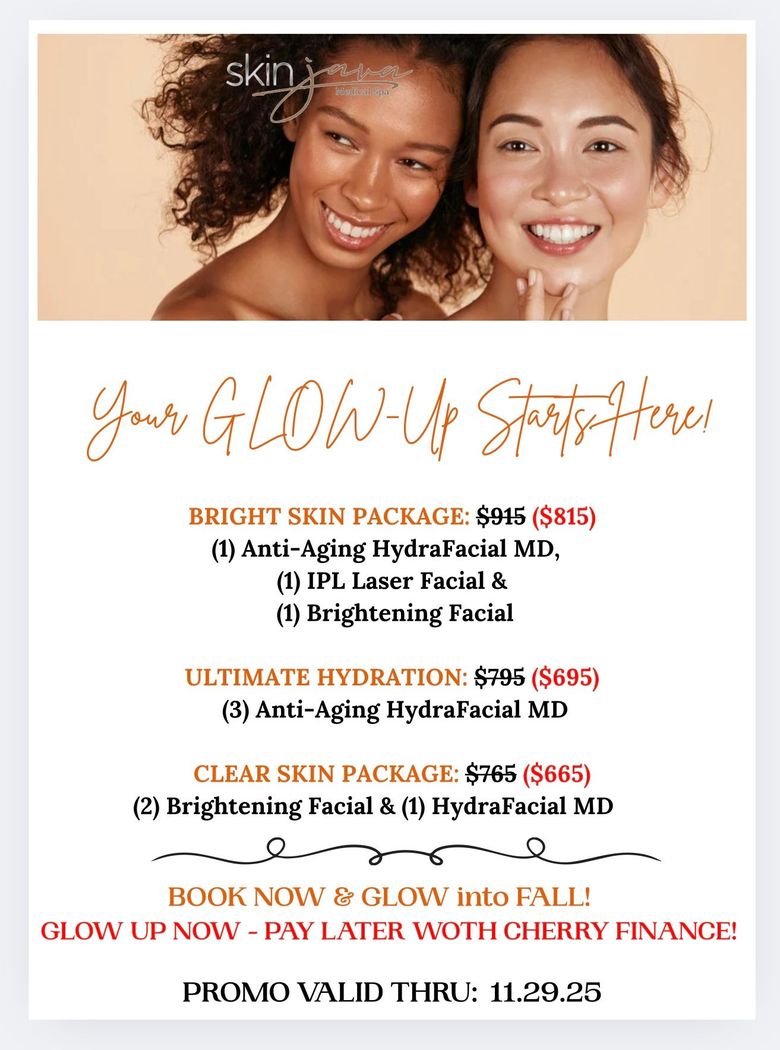 Flyer: Skin care promotion with two women, featuring package deals for facials; valid through 11/29/25.