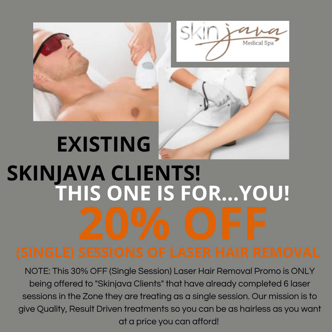 Advertisement for Skinjava offering 20% off laser hair removal to existing clients, with photos of laser treatments.