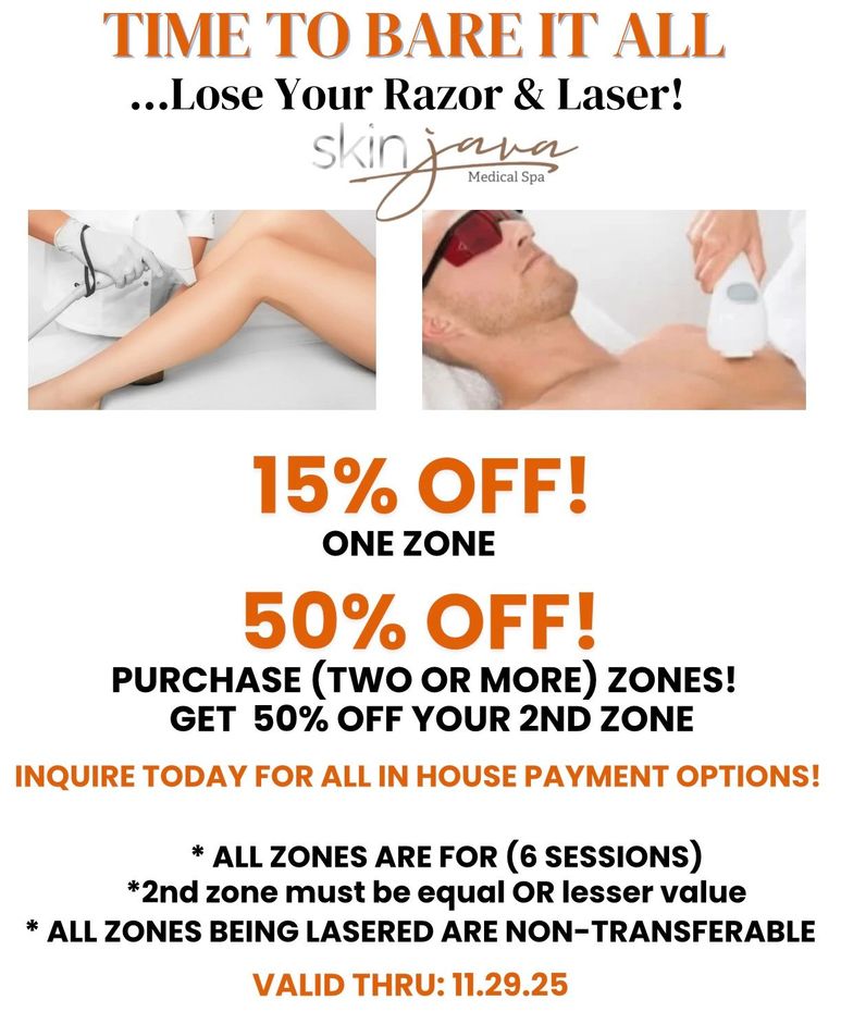 Laser hair removal advertisement: offers 15% off one zone, 50% off second zone with purchase of two+. Valid through 11.29.25.
