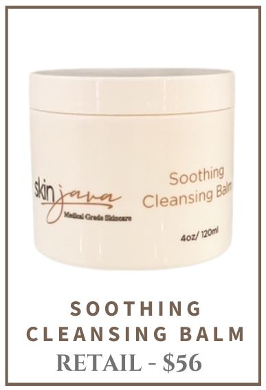 SkinJava Soothing Cleansing Balm in a cream-colored jar. Text: Soothing Cleansing Balm, 4oz/120ml. Retail $56.