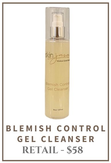 Blemish Control Gel Cleanser bottle, product label reads skin journey and Blemish Control Gel Cleanser, retail price is $58.