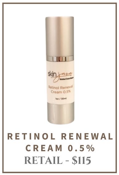 Retinol Renewal Cream 0.5% product bottle, silver with white label, retail price $115.