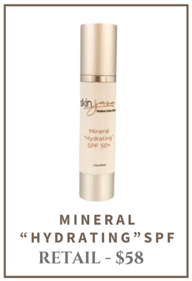 Skin moisturizer bottle, gold and white, with text Mineral 'Hydrating' SPF 30+, retail price $58.
