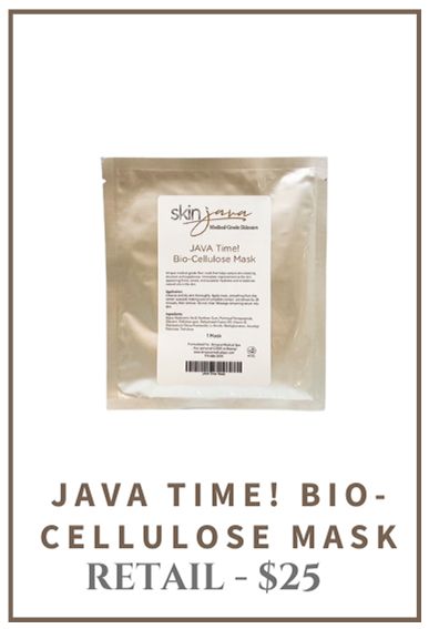 Bio-cellulose face mask in a pouch; product label reads Java Time! Skin Exfoliation Mask.