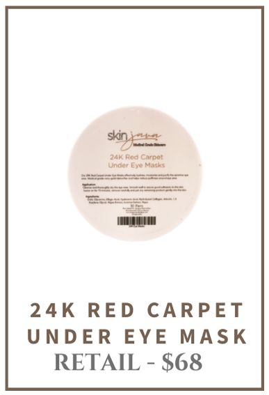 White circular container of 24K Red Carpet Under Eye Mask with price $68 below.