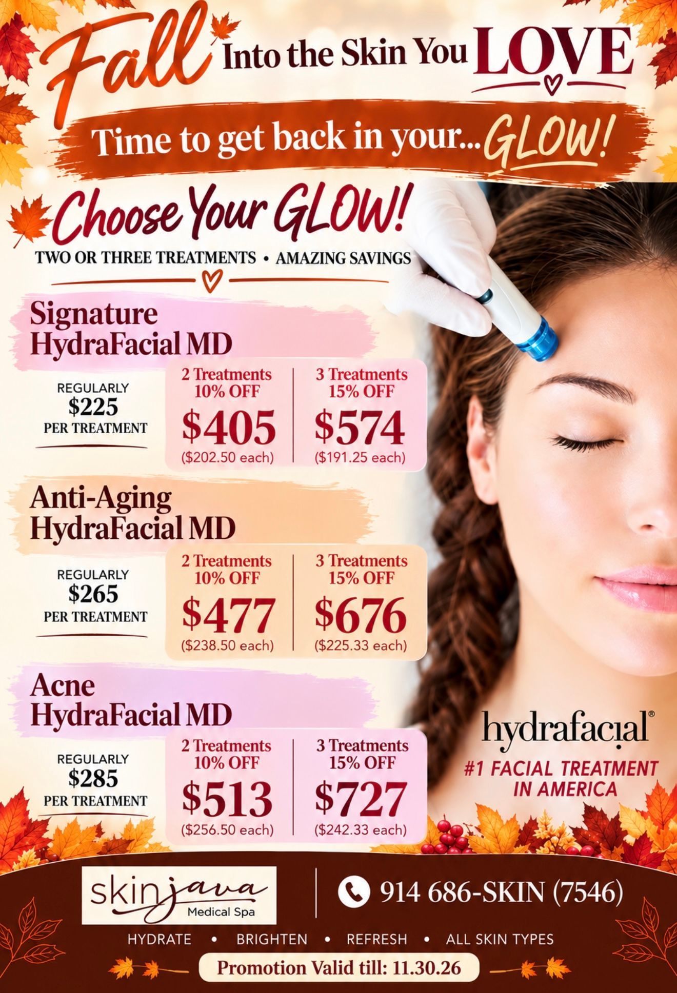 Fall skin glow facial promotion with woman’s face, prices, and clinic contact details
