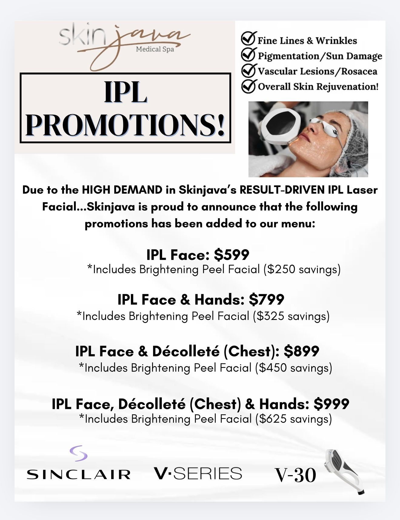 IPL laser facial promotions at Skinjava, includes face, hands, and décolleté packages.