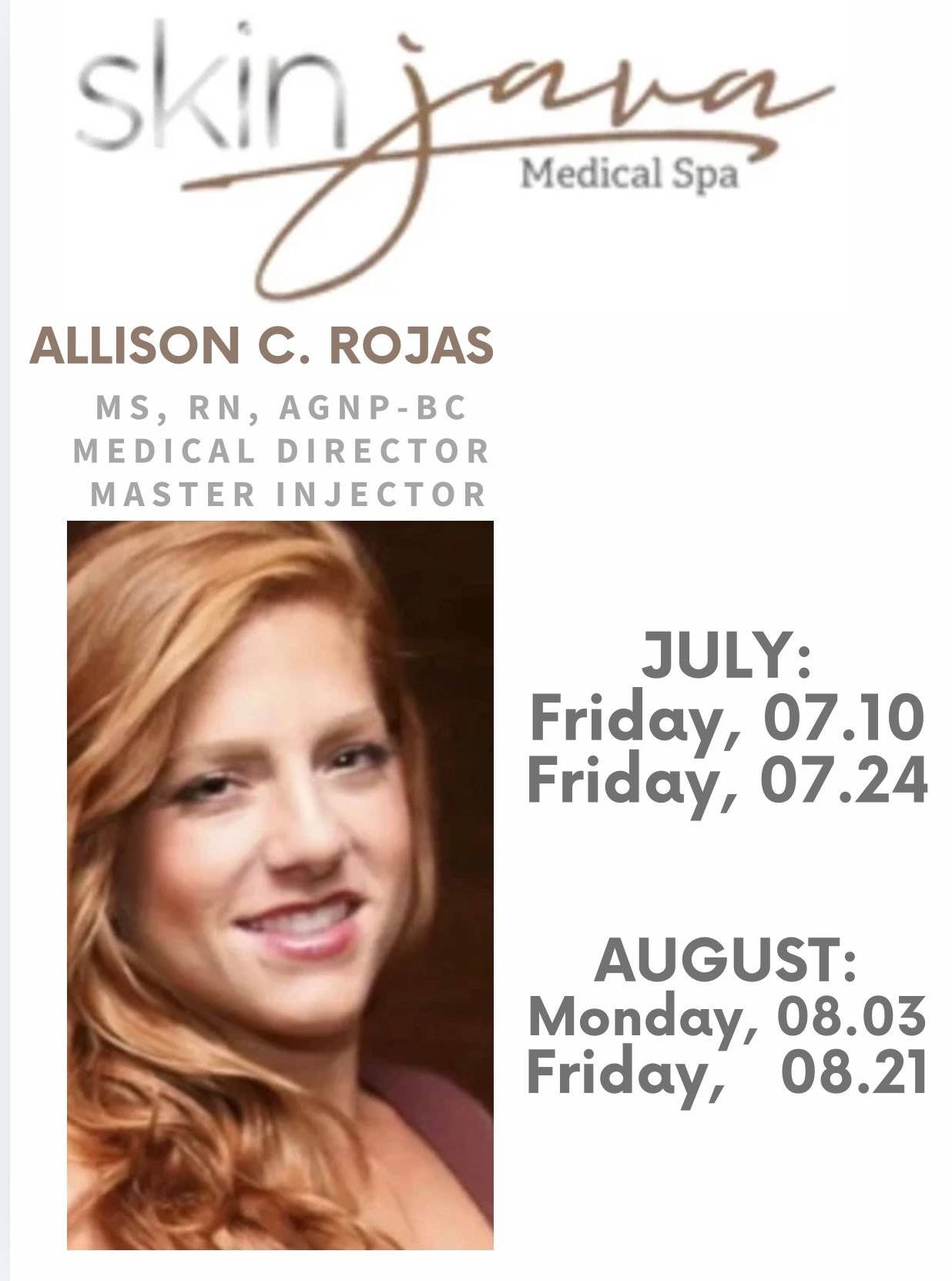 Promotional graphic for Skin Java Medical Spa: faces of Allison Rojas. Brands: Alle, Botox, Dysport, Allergan Aesthetics.
