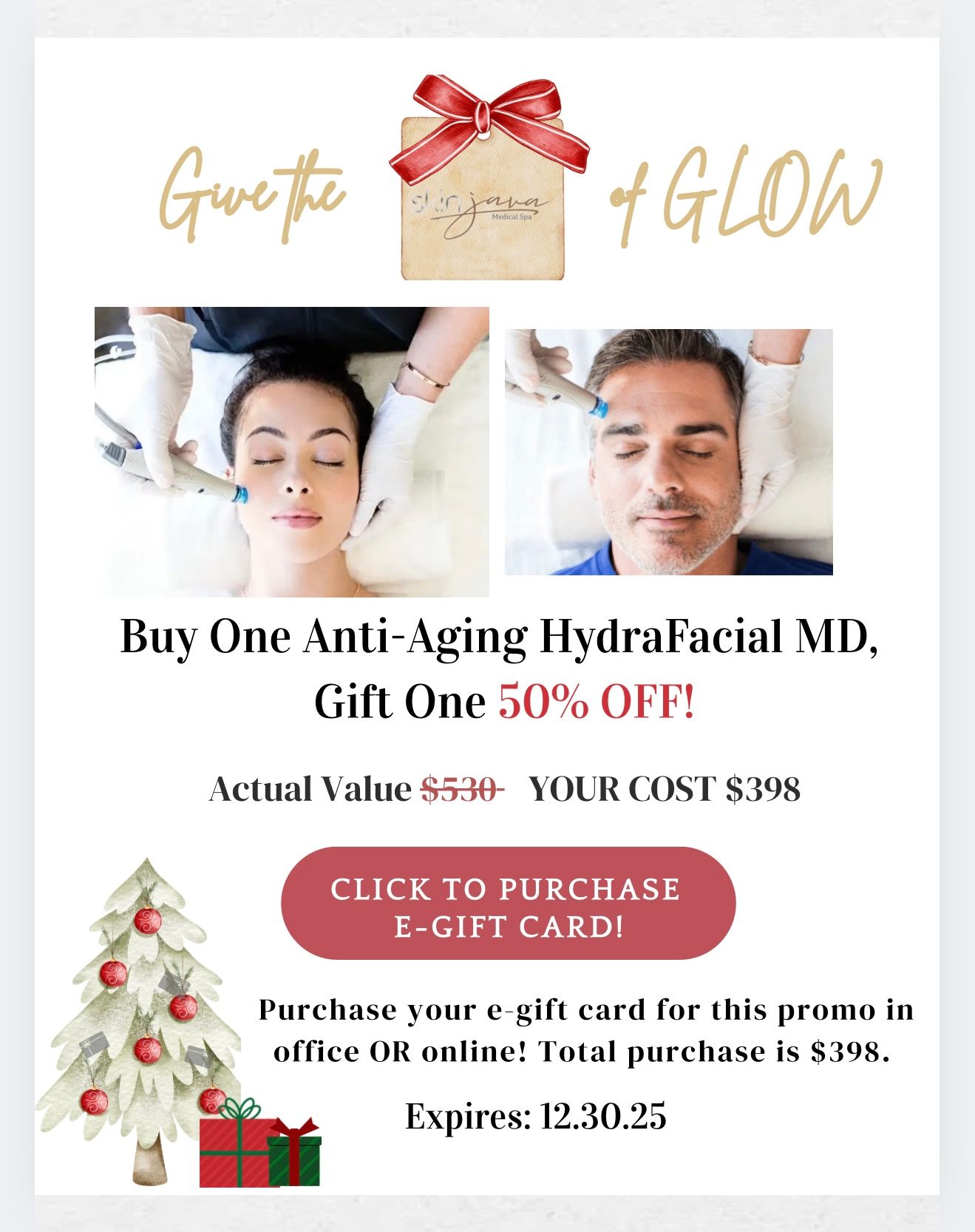 Buy one Anit-Aging Hydrafacial MD, gift one 50% off. Expires 12.30