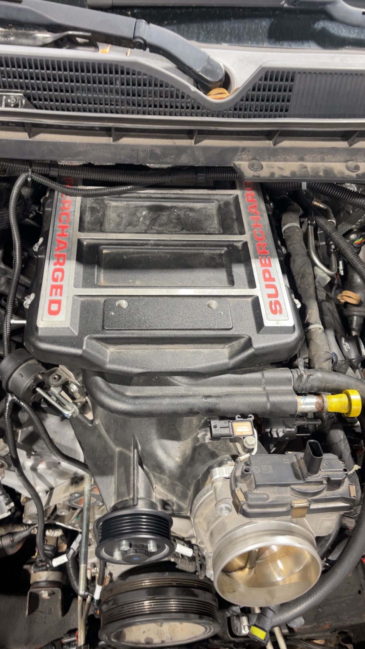 Car engine bay with large black intake cover and silver front pulley, viewed from above.