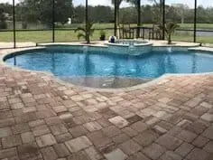 Backyard swimming pool with brick patio and screened enclosure overlooking a grassy lawn