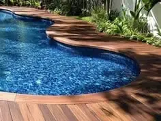 Curved blue swimming pool beside a wooden deck and lush green plants in sunlight