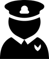 Black police officer silhouette icon with hat and badge on a white background