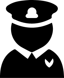 Black police officer silhouette icon with hat and badge on a white background