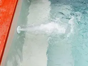 White fish splashing in shallow water beside a red dock edge