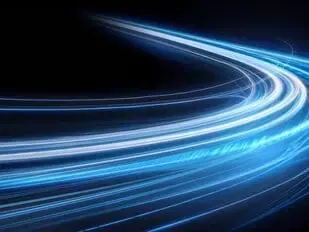 Blue light trails sweeping across a black background, forming a glowing curved abstract design