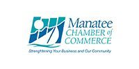 Manatee Chamber of Commerce logo with teal graphic and blue text on white background