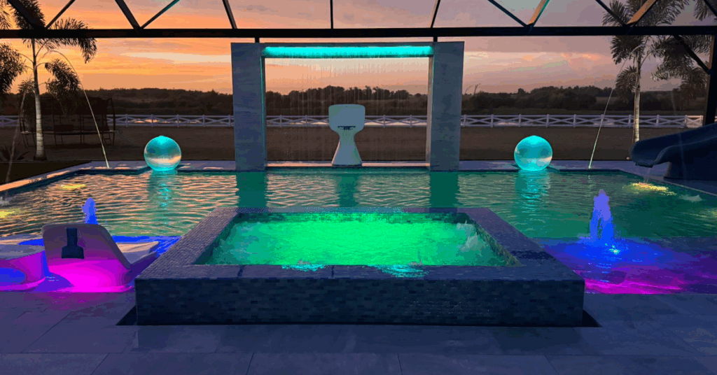 Illuminated backyard pool at dusk with colorful LED lights and water features under a covered patio