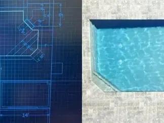 Blueprint-style pool design beside a turquoise swimming pool and stone deck