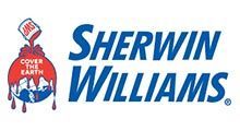 Sherwin-Williams logo. Globe covered in paint from a can, with company name in blue.