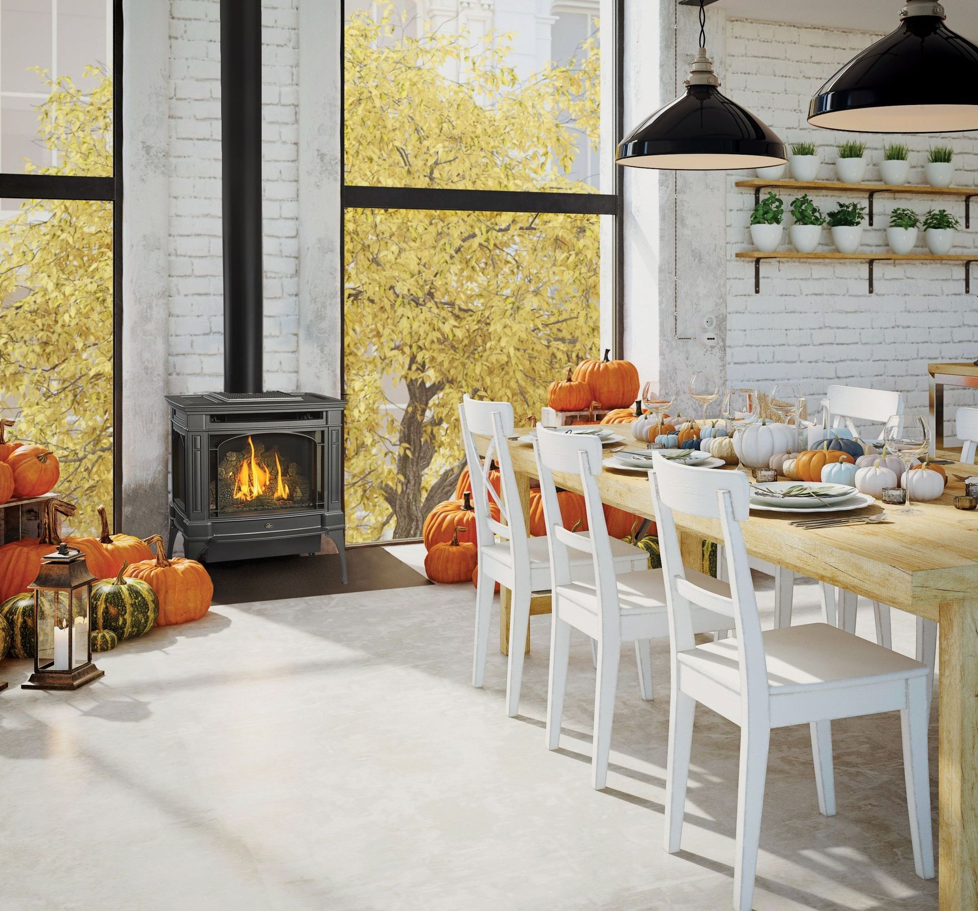 Cozy dining room with fireplace, pumpkins, a long table set for a feast, and large windows with fall foliage.